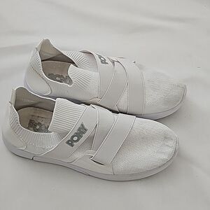 Pony Cross elastic strap slip on white perforated shoes 8.5